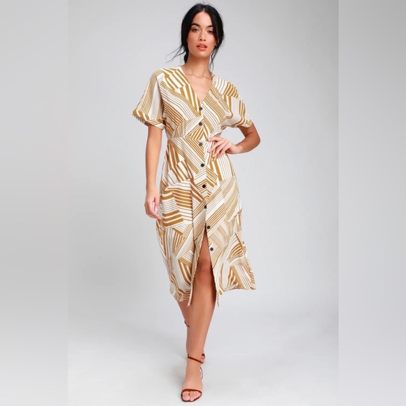 Murni Mustard Yellow Print Button-Up Midi dress - Picture 12 of 16